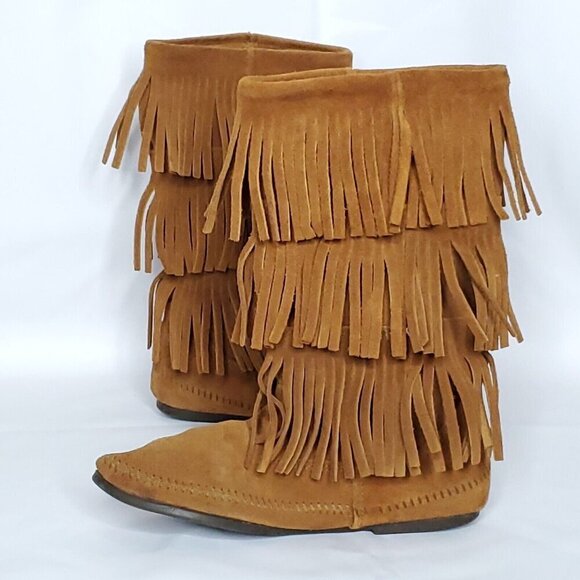 Minnetonka 3 Layer Fringe Moccasin Boots 9 Brown Suede Mid Calf Boho Hippie - Picture 6 of 13